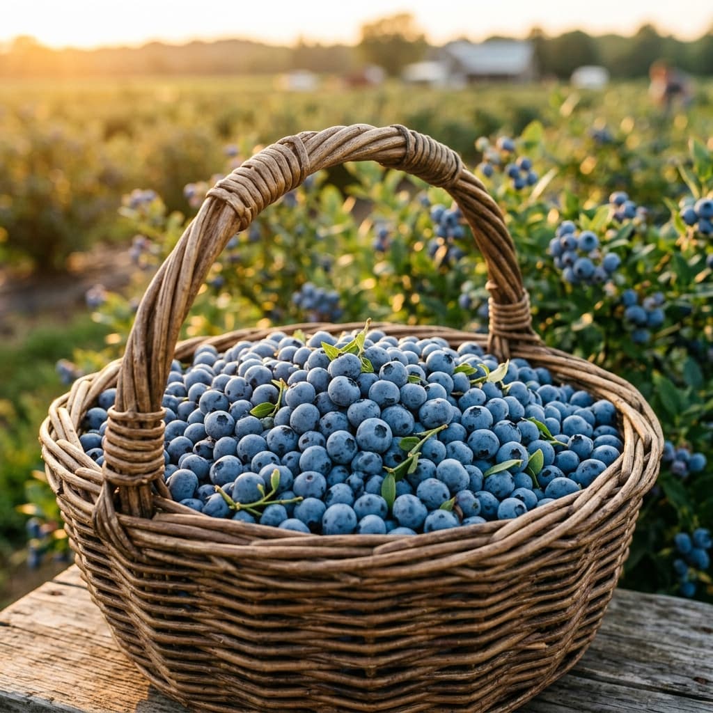 Fresh Blueberry Basket in Orchard