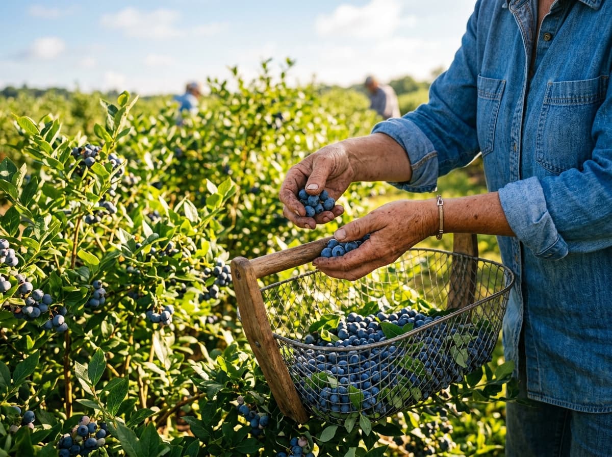 Harvesting fresh organic blueberries