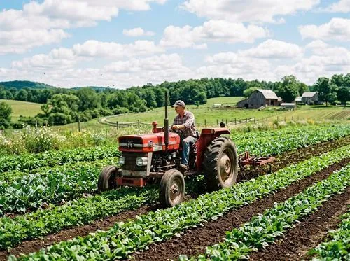Visual representation of a tractor working in the organic fields