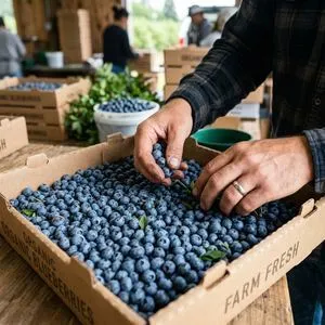 Hands packing blueberries in flat box