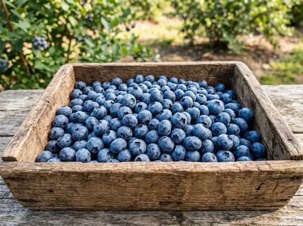 Shallow flat box filled with blueberries