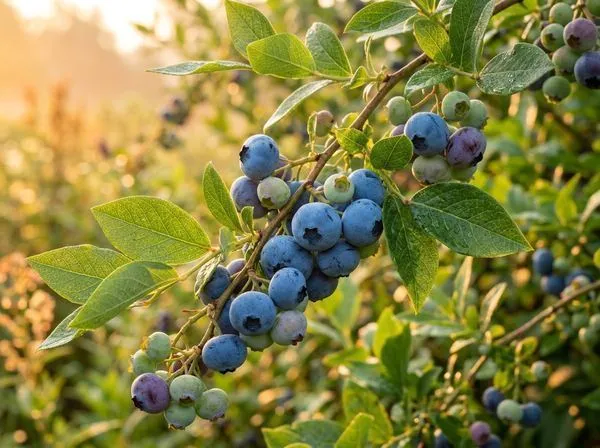Fresh ripening blueberries on branch