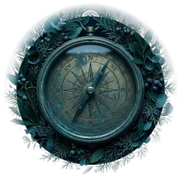 Vintage gold compass decorated with leaves and blueberries